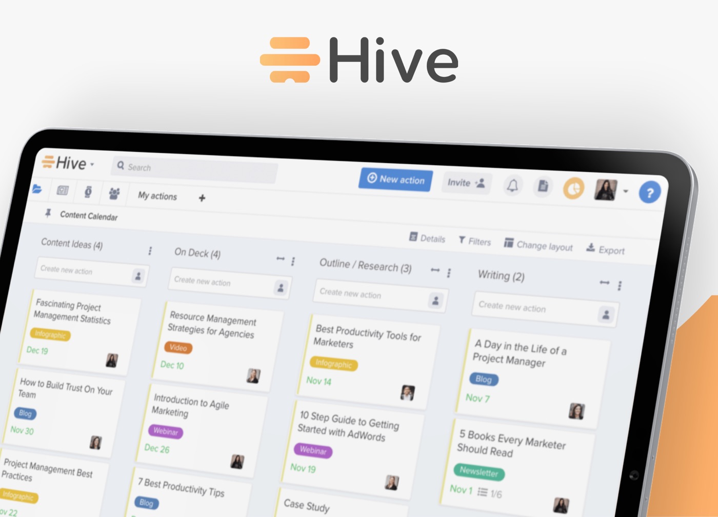 Hive SaaS — content calendar Kanban board