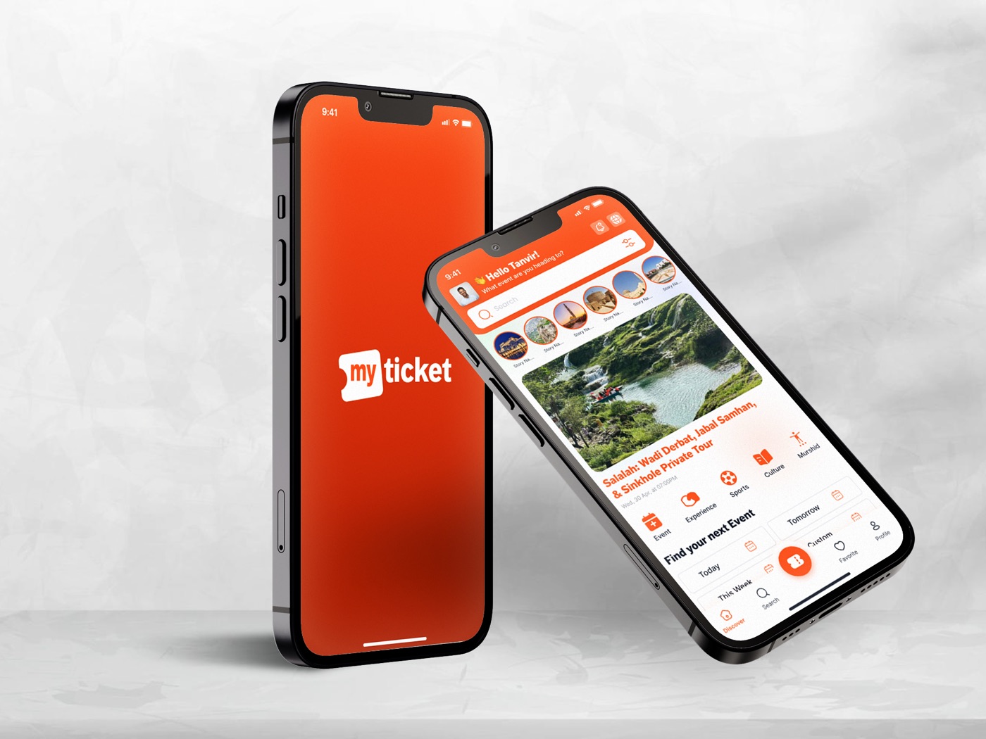 MyTicket — splash screen and discover home