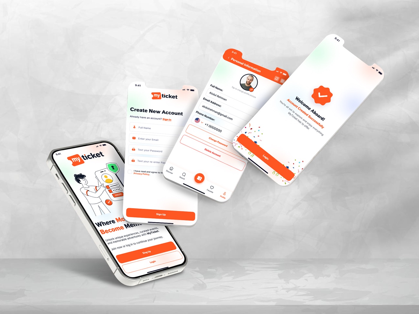MyTicket — onboarding, sign up, and profile flows