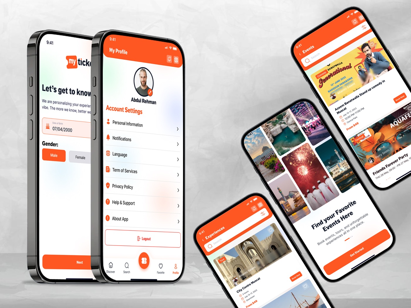 MyTicket — events, experiences, and profile screens