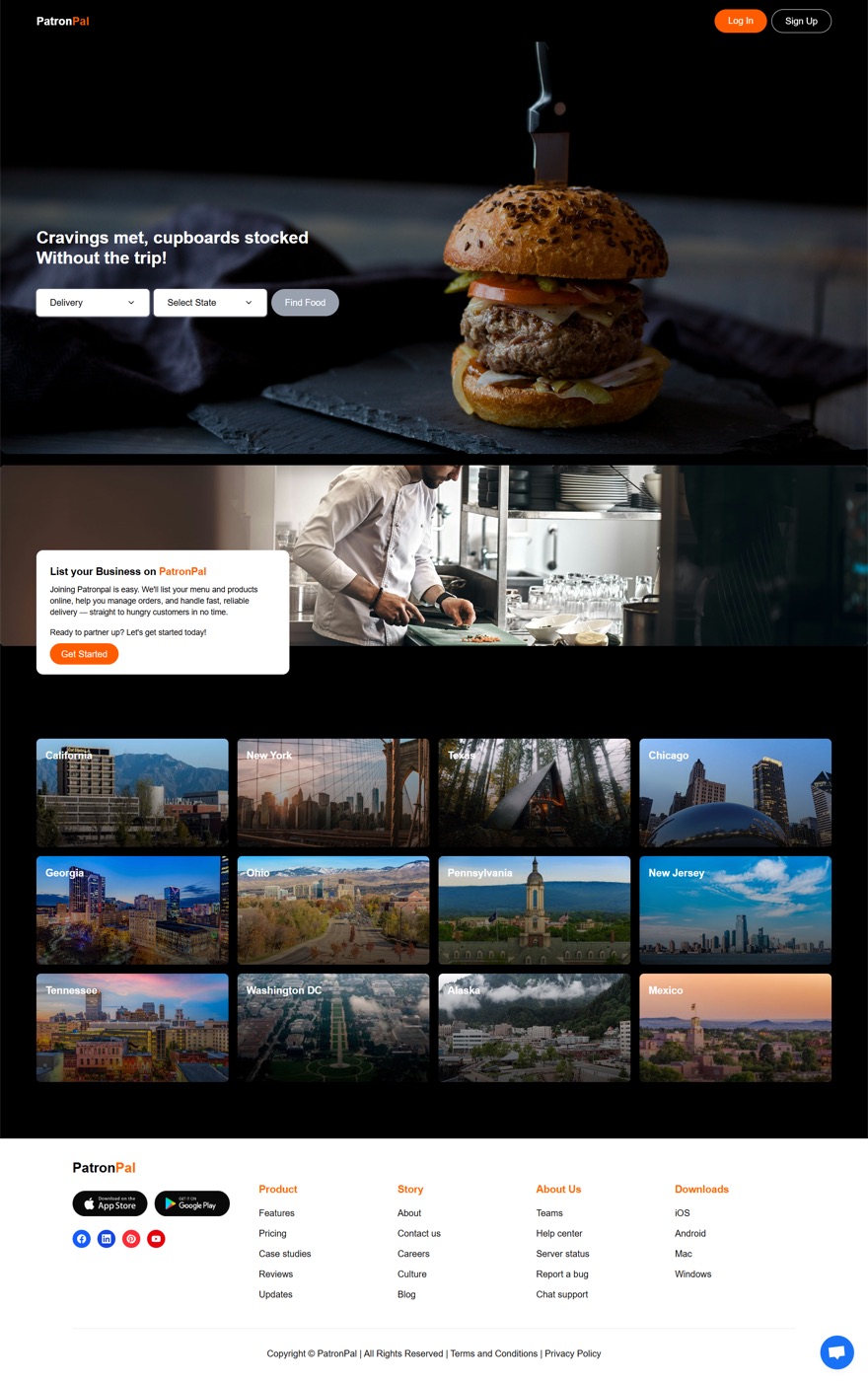 PatronPal landing page — delivery and restaurant listings