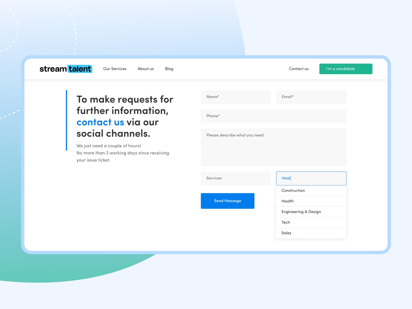 Stream Talent contact form with smart filters